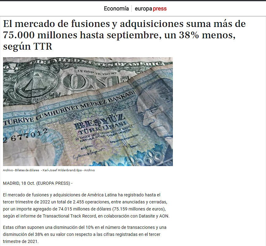 El mercado de fusiones y adquisiciones suma ms de 75.000 millones hasta septiembre, un 38% menos, segn TTR